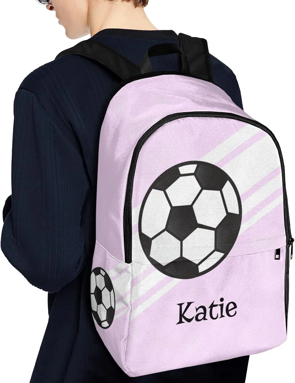 Personalized Name Soccer Ball Sports Pink Backpack Unisex Bookbag for Boy Girl Travel Daypack Bag Purse 17.7 IN