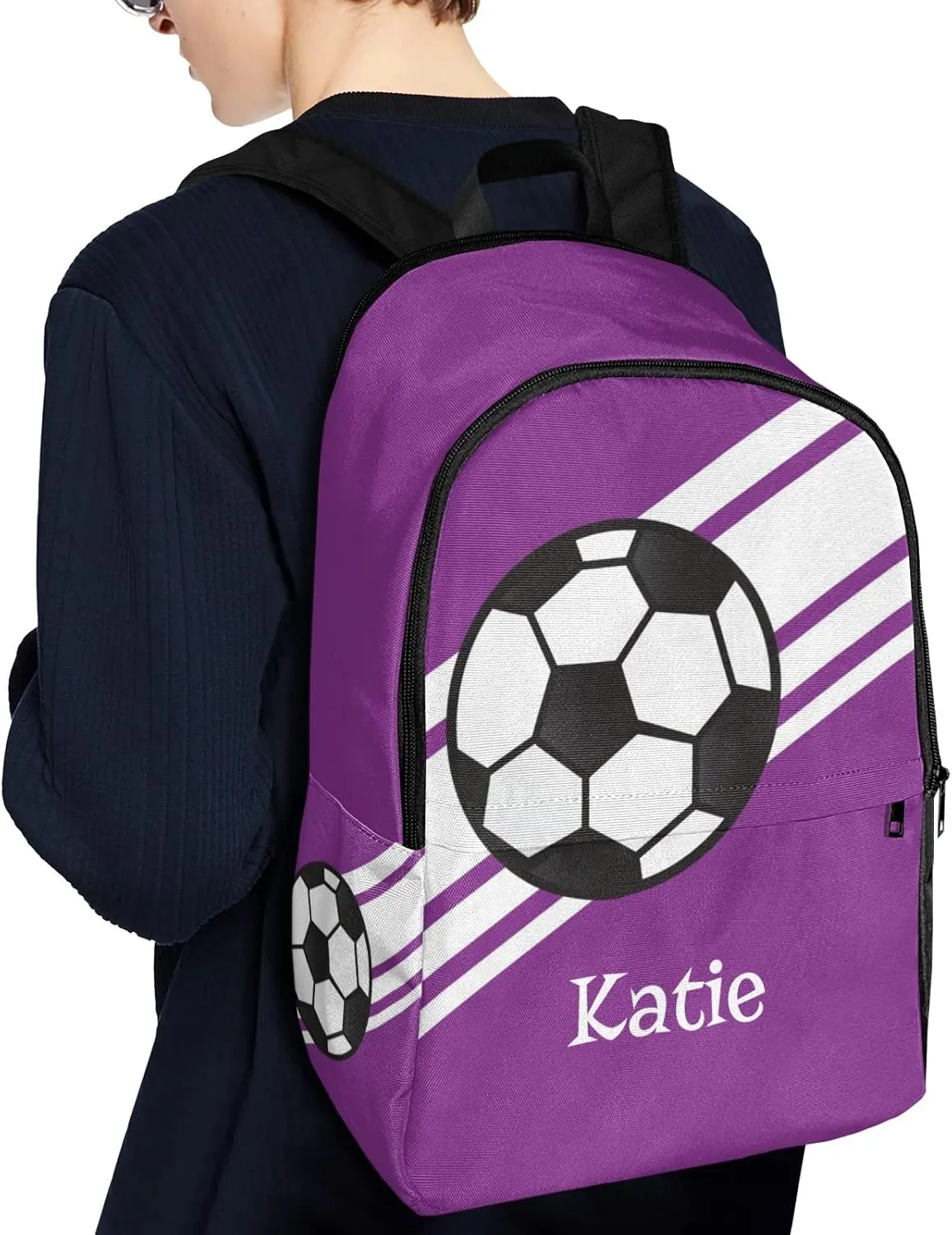 Personalized Name Soccer Ball Sports Purple Backpack Unisex Bookbag for Boy Girl Travel Daypack Bag Purse 17.7 IN