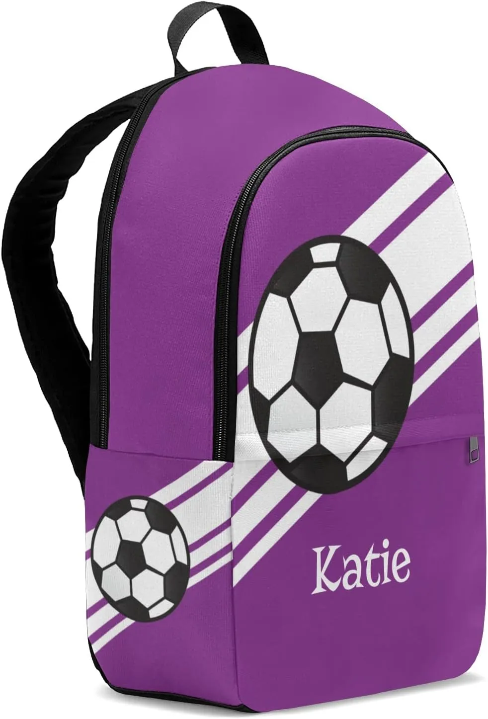 Personalized Name Soccer Ball Sports Purple Backpack Unisex Bookbag for Boy Girl Travel Daypack Bag Purse 17.7 IN