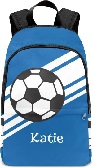 Personalized Name Soccer Ball Sports Royal Blue Backpack Unisex Bookbag for Boy Girl Travel Daypack Bag Purse 17.7 IN