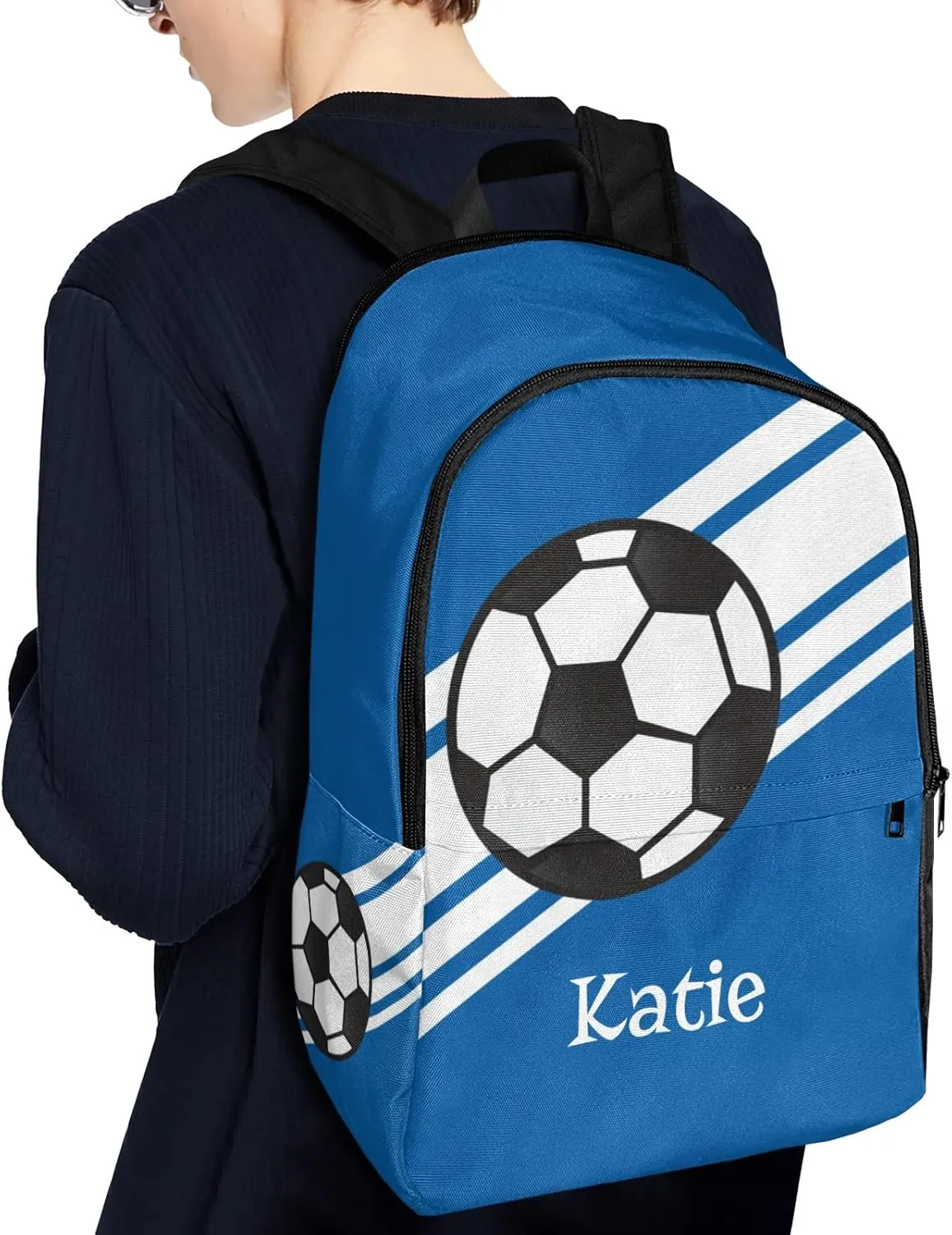 Personalized Name Soccer Ball Sports Royal Blue Backpack Unisex Bookbag for Boy Girl Travel Daypack Bag Purse 17.7 IN
