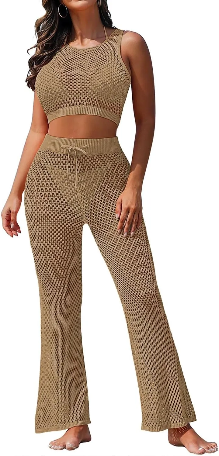 Pink Queen Women's Swimsuit Cover Up Set 2 Pieces Crochet Sleeveless Crop Top Wide Leg Long Pants Beach Coverups
