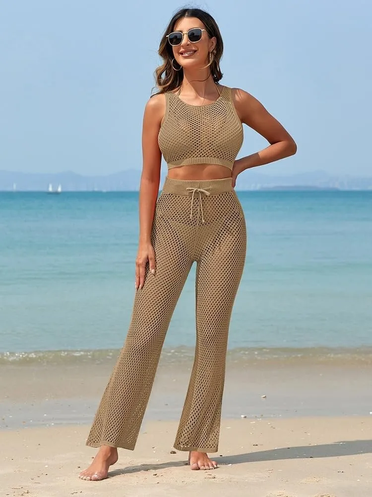 Pink Queen Women's Swimsuit Cover Up Set 2 Pieces Crochet Sleeveless Crop Top Wide Leg Long Pants Beach Coverups