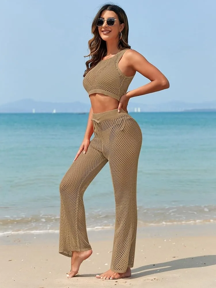 Pink Queen Women's Swimsuit Cover Up Set 2 Pieces Crochet Sleeveless Crop Top Wide Leg Long Pants Beach Coverups