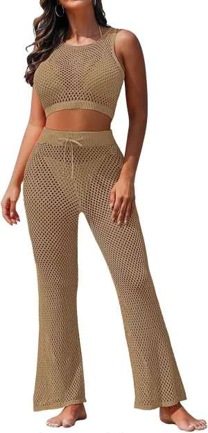 Pink Queen Women's Swimsuit Cover Up Set 2 Pieces Crochet Sleeveless Crop Top Wide Leg Long Pants Beach Coverups