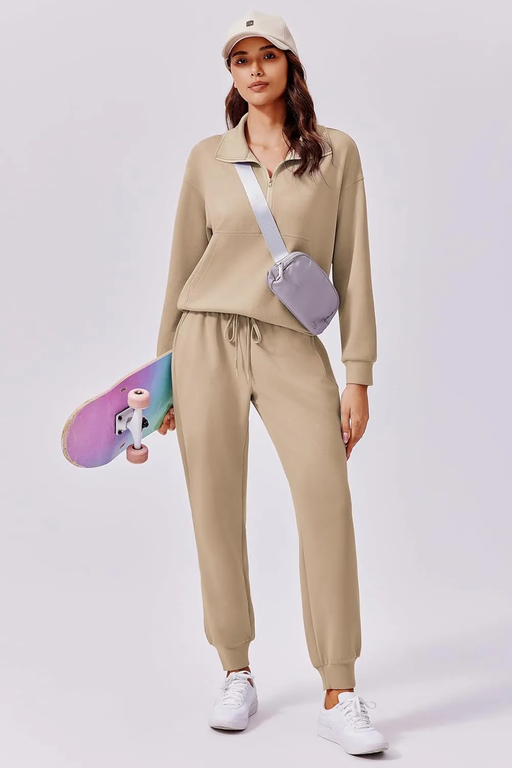 PINSPARK 2 Piece Sets for Women 2024 Fall Travel Outfits Long Sleeve Tracksuit Joggers Sets Half Zip Sweatsuit Matching Set