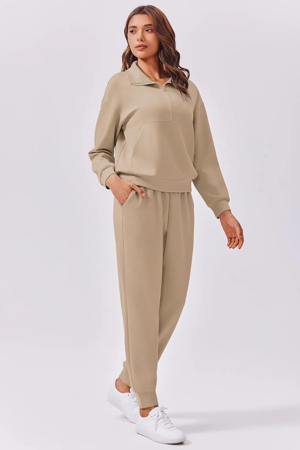 PINSPARK 2 Piece Sets for Women 2024 Fall Travel Outfits Long Sleeve Tracksuit Joggers Sets Half Zip Sweatsuit Matching Set