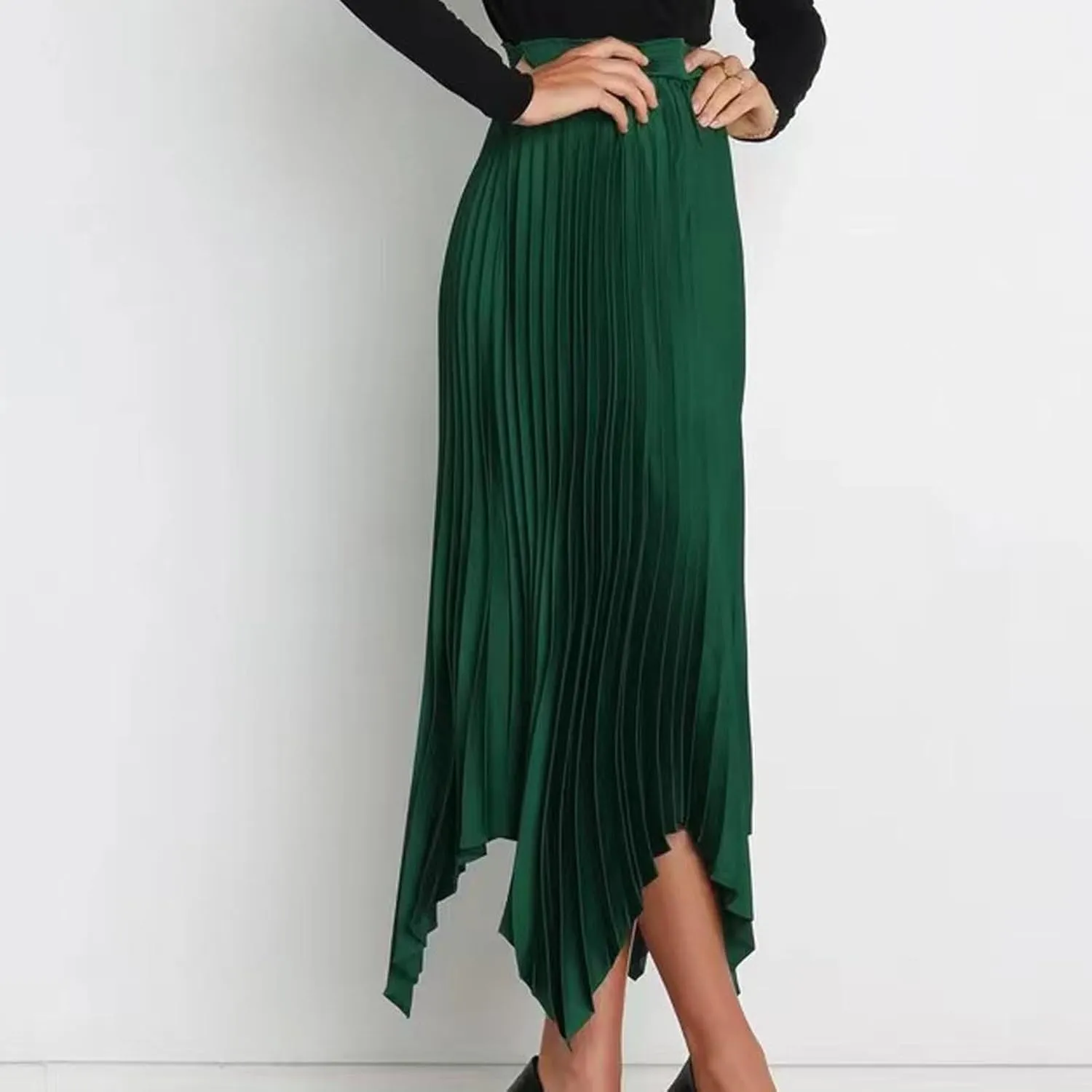 Pleated Skirts for Women Summer Casual Flowy Satin Asymmetrical Elastic High Waisted Cocktail Work A Line Midi Skirts