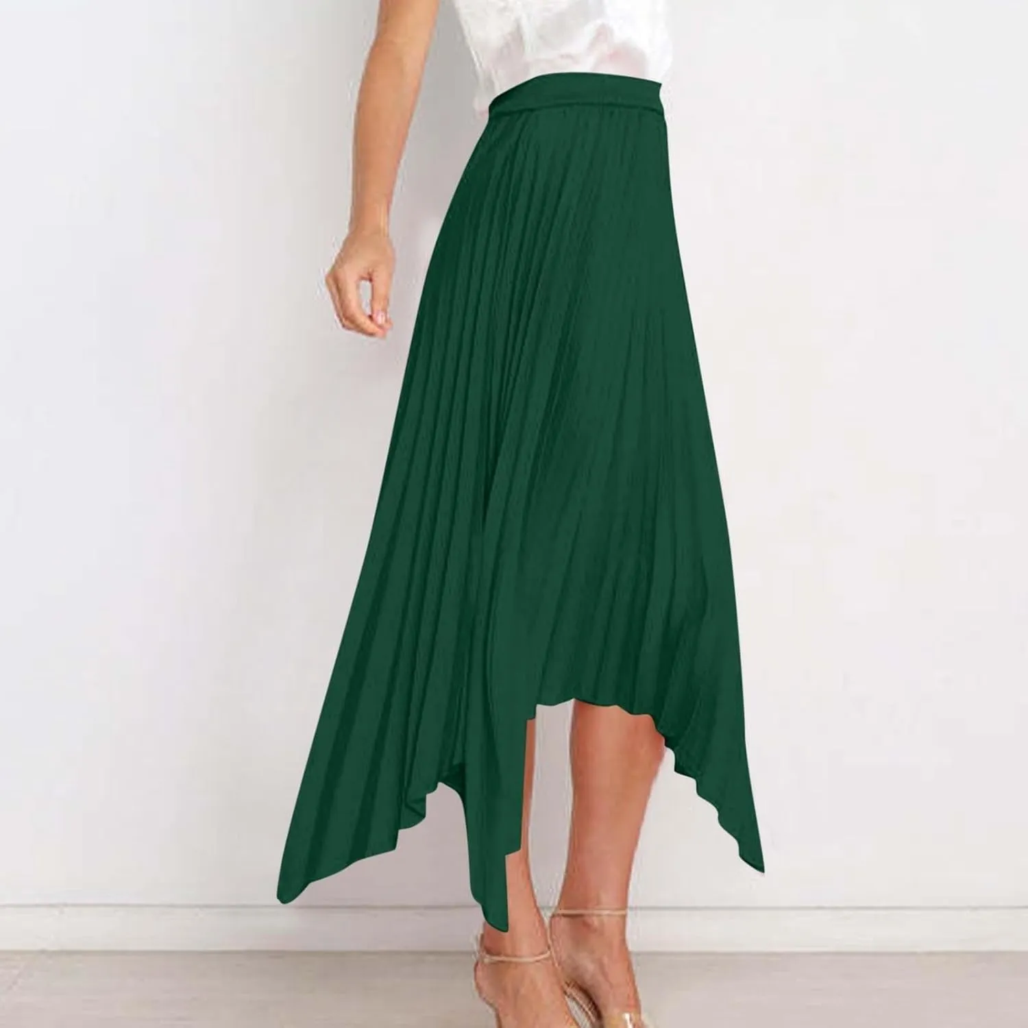 Pleated Skirts for Women Summer Casual Flowy Satin Asymmetrical Elastic High Waisted Cocktail Work A Line Midi Skirts