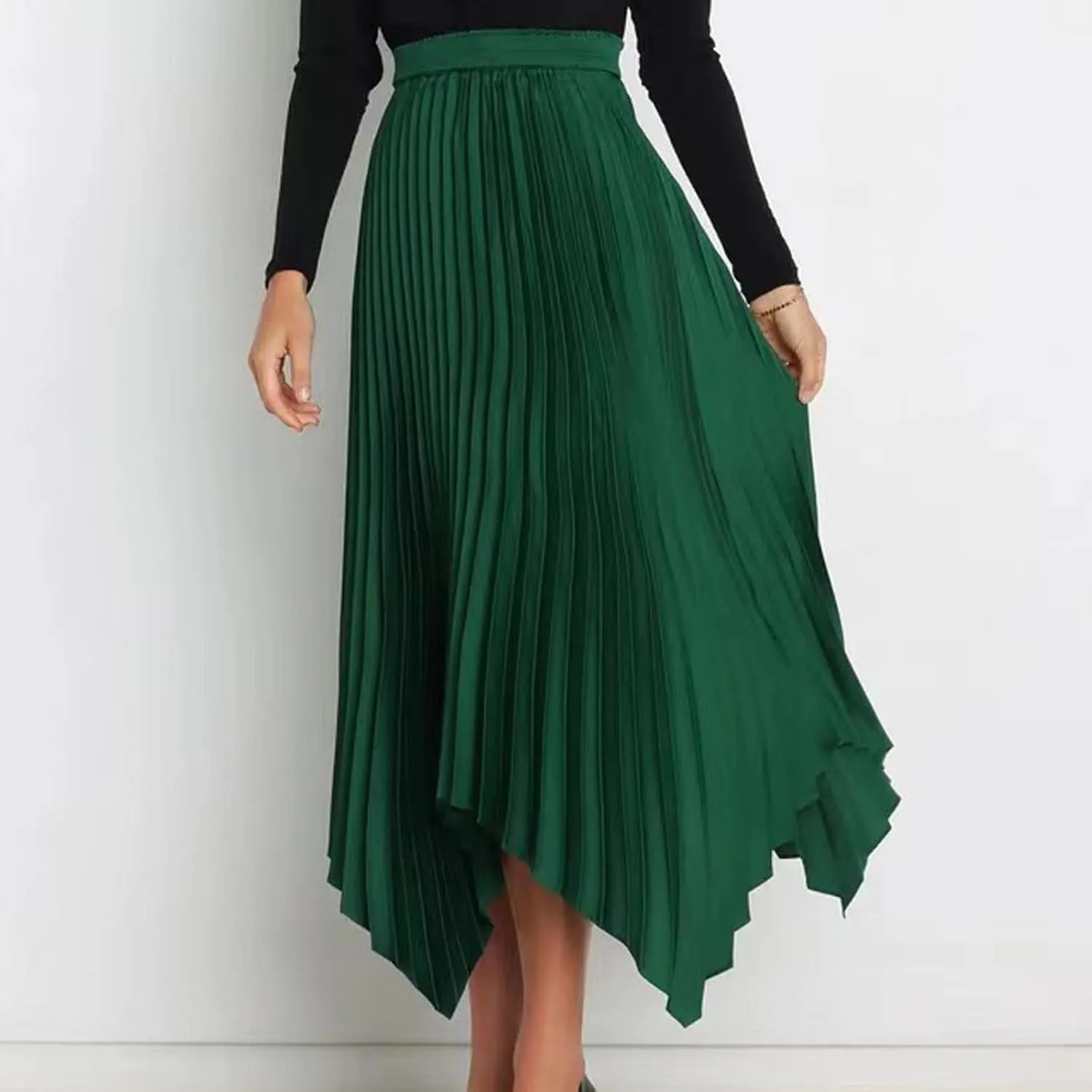 Pleated Skirts for Women Summer Casual Flowy Satin Asymmetrical Elastic High Waisted Cocktail Work A Line Midi Skirts