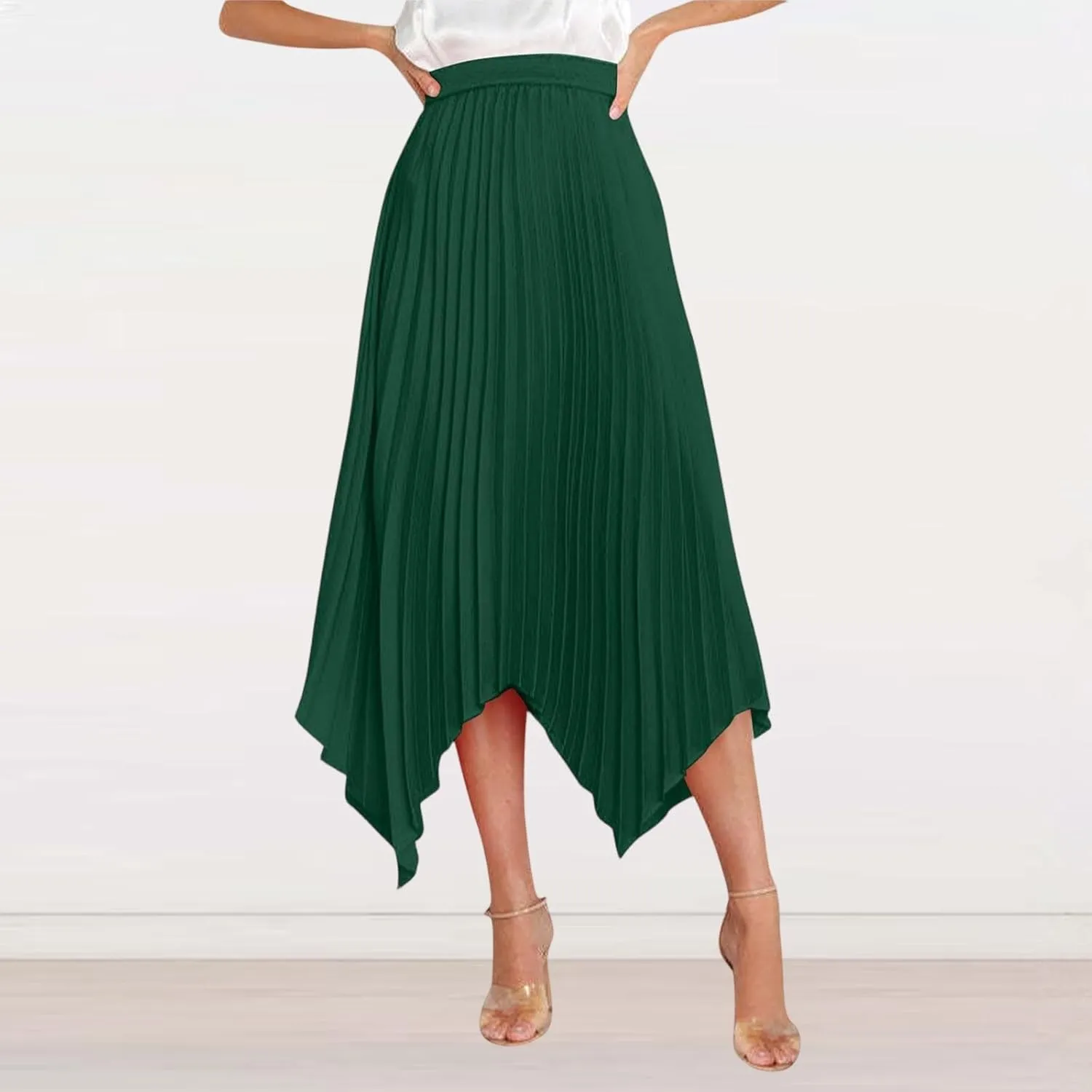 Pleated Skirts for Women Summer Casual Flowy Satin Asymmetrical Elastic High Waisted Cocktail Work A Line Midi Skirts