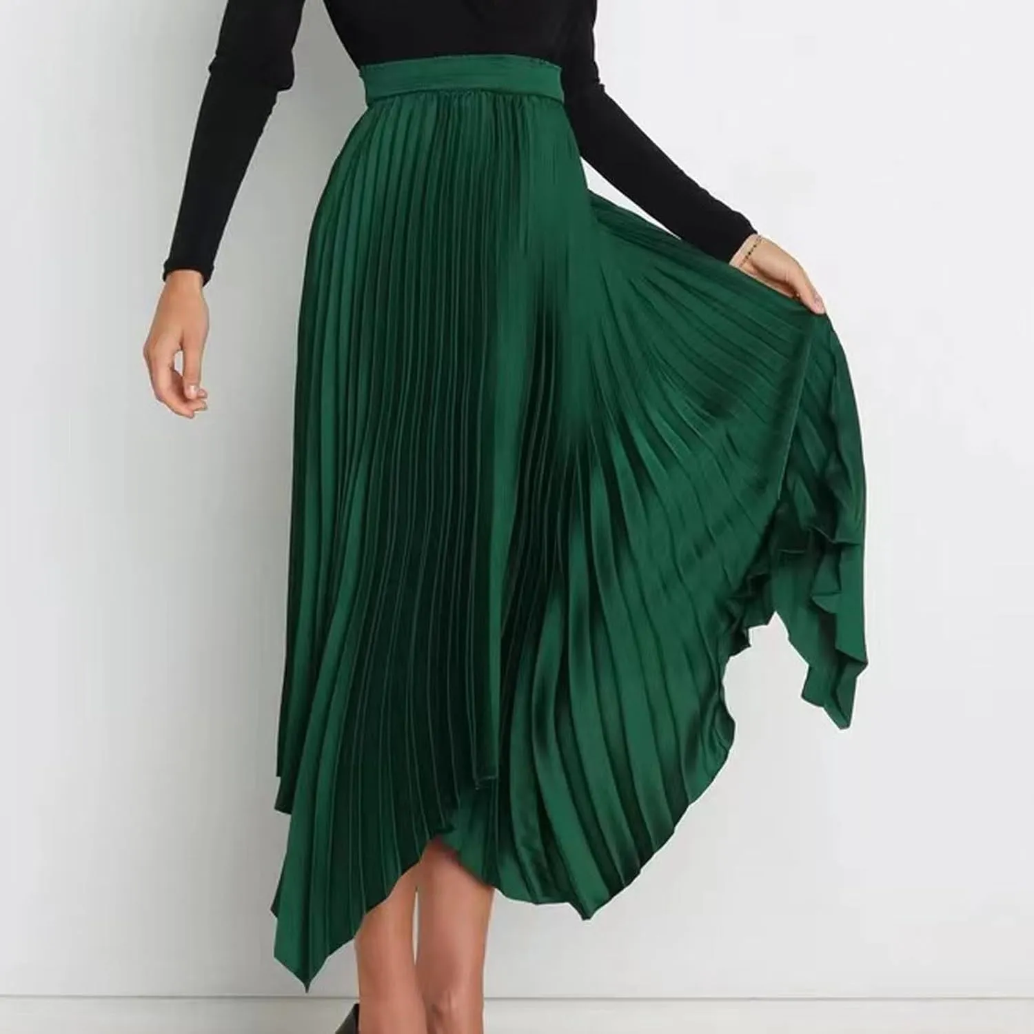 Pleated Skirts for Women Summer Casual Flowy Satin Asymmetrical Elastic High Waisted Cocktail Work A Line Midi Skirts