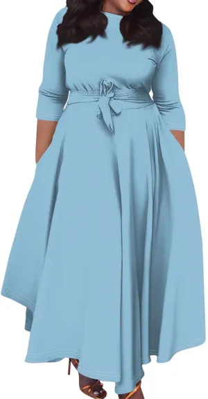 Plus Size Dresses for Curvy Women Solid Crew Neck 3/4 Sleeve Straps Big Hem Maxi Smocked Dresses