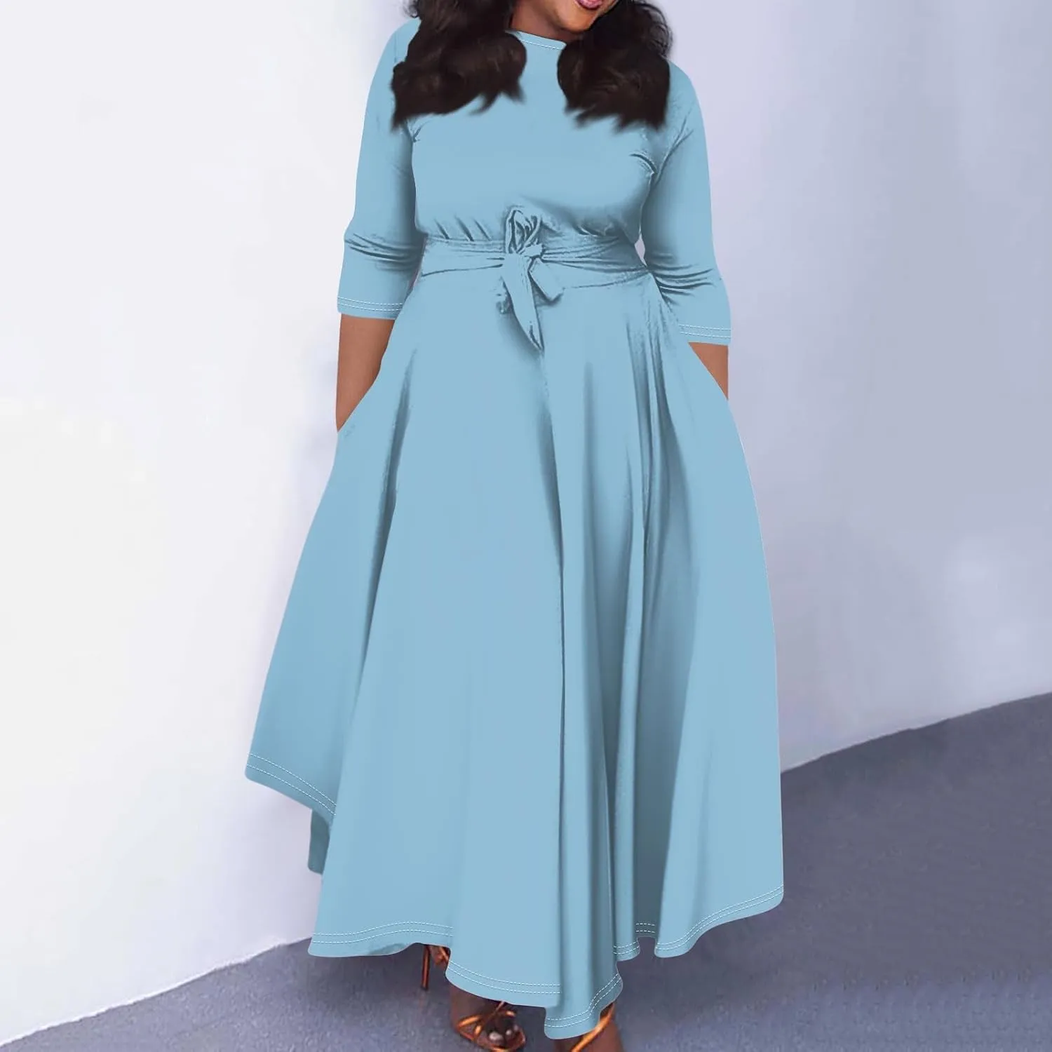 Plus Size Dresses for Curvy Women Solid Crew Neck 3/4 Sleeve Straps Big Hem Maxi Smocked Dresses