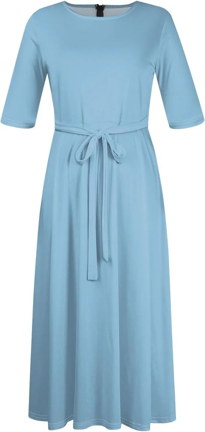 Plus Size Dresses for Curvy Women Solid Crew Neck 3/4 Sleeve Straps Big Hem Maxi Smocked Dresses