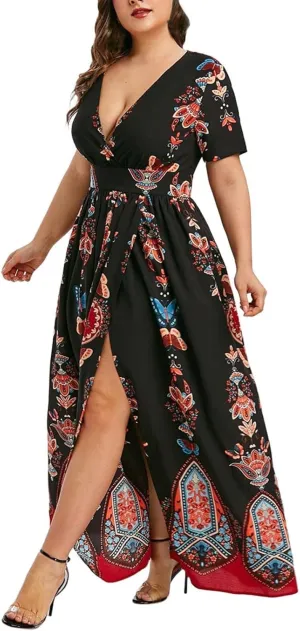 Plus Size Dresses for Curvy Women,2024 Spring Summer Elegant Wrap V Neck Bodycon Maxi Dress,Trendy Vintage Floral Print Short Sleeve Boho Dress,Flowy Ruched High Slit Beach Dress(D-Black,5XL)