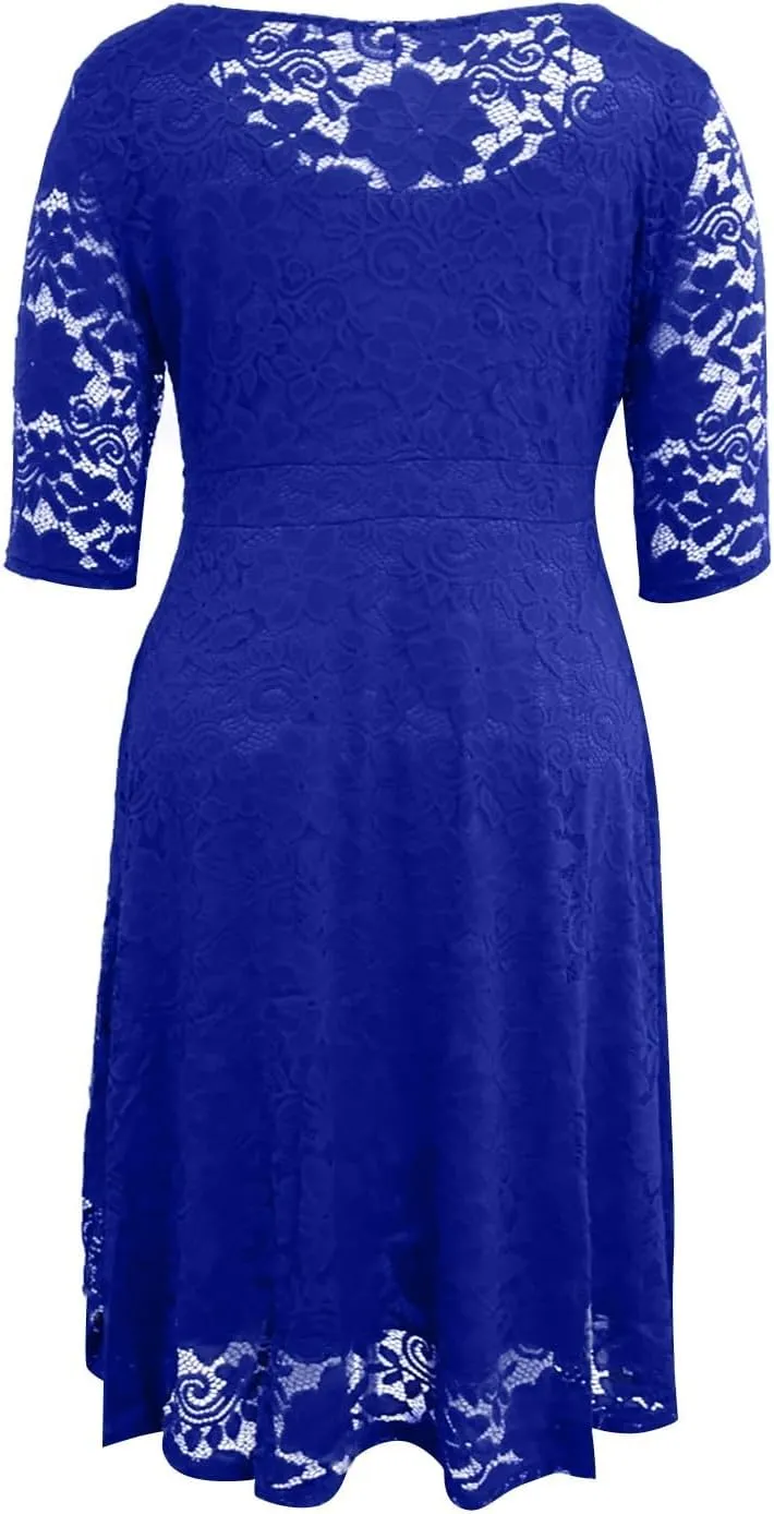 Plus Size Dresses for Curvy Women,2025 Elegant Lace Patchwork Cocktail Dress,Crewneck 3/4 Sleeve Midi Party Dress
