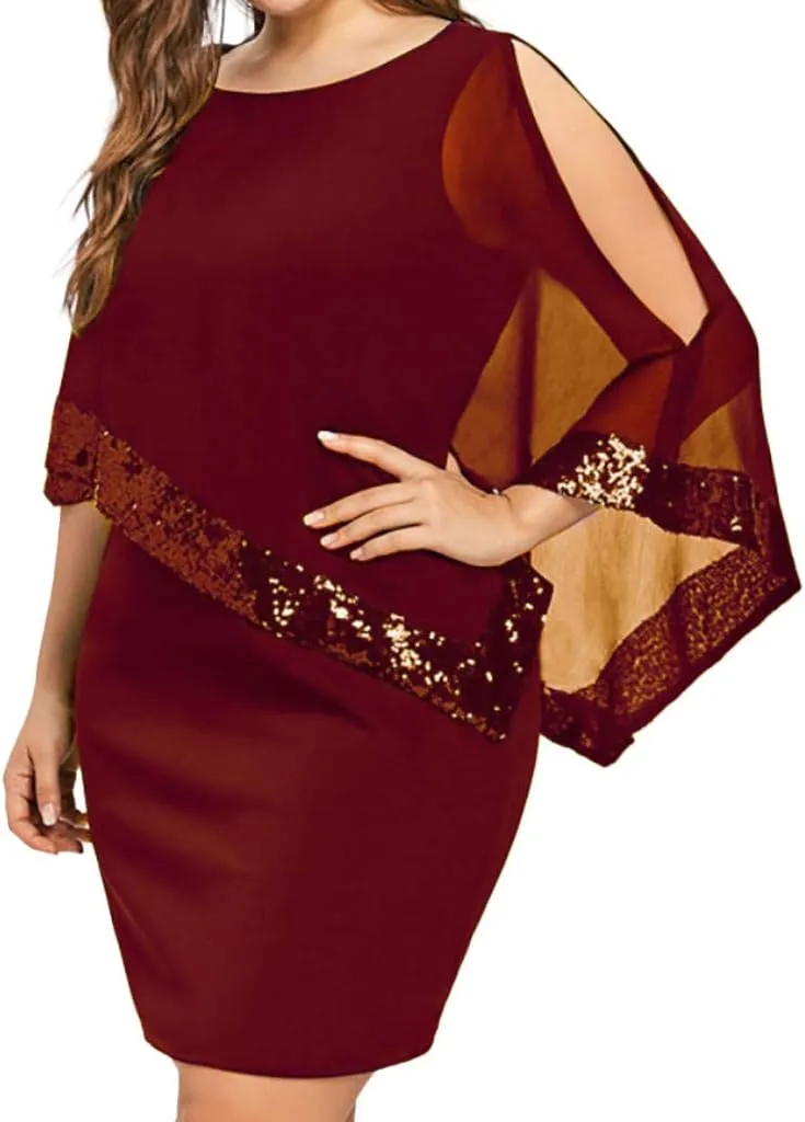 Plus Size Dresses for Women 2024 Trendy Cold Shoulder Chiffon Wedding Guest Dress Elegant Bodycon Midi Pencil Dress