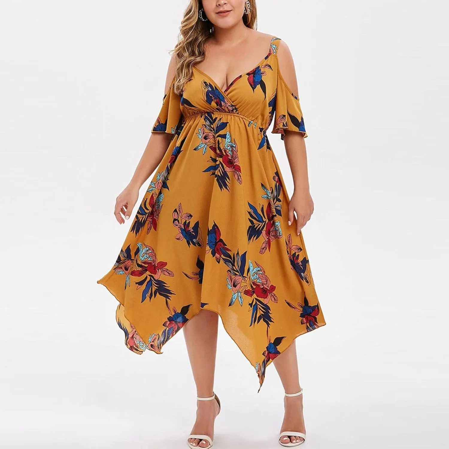 Plus Size Maxi Dress for Women Summer Casual Short Sleeve Floral Midi Dresses Sexy V Neck Vacation Beach Sundress