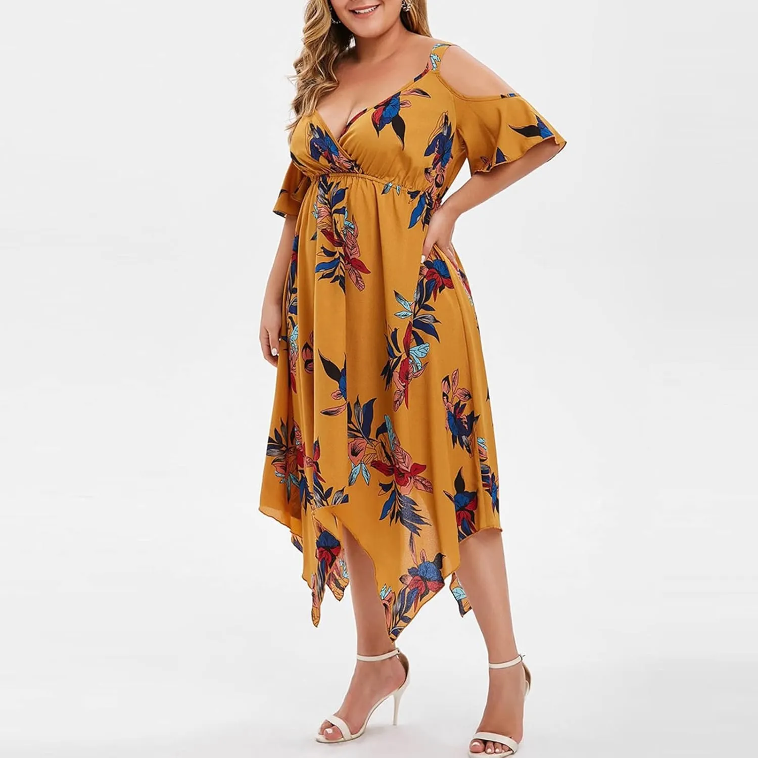 Plus Size Maxi Dress for Women Summer Casual Short Sleeve Floral Midi Dresses Sexy V Neck Vacation Beach Sundress