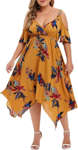 Plus Size Maxi Dress for Women Summer Casual Short Sleeve Floral Midi Dresses Sexy V Neck Vacation Beach Sundress