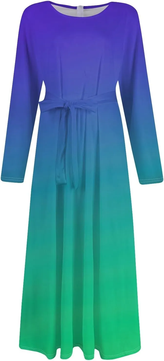 Plus Size Maxi Dresses for Curvy Women Crew Neck Long Sleeve Lace On High Wasit Maxi Dress with Pockets, XL-5XL
