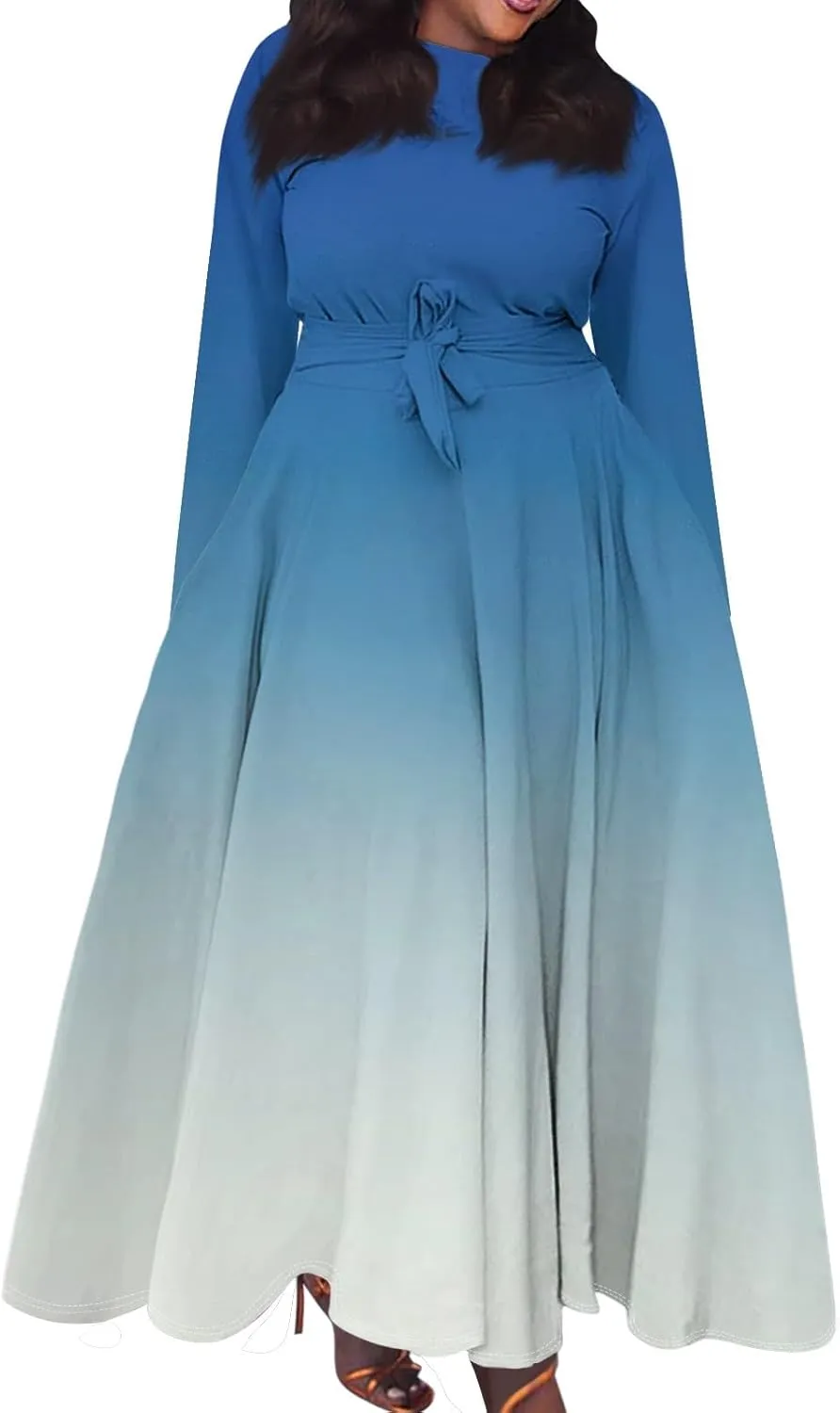 Plus Size Maxi Dresses for Curvy Women Crew Neck Long Sleeve Lace On High Wasit Maxi Dress with Pockets, XL-5XL
