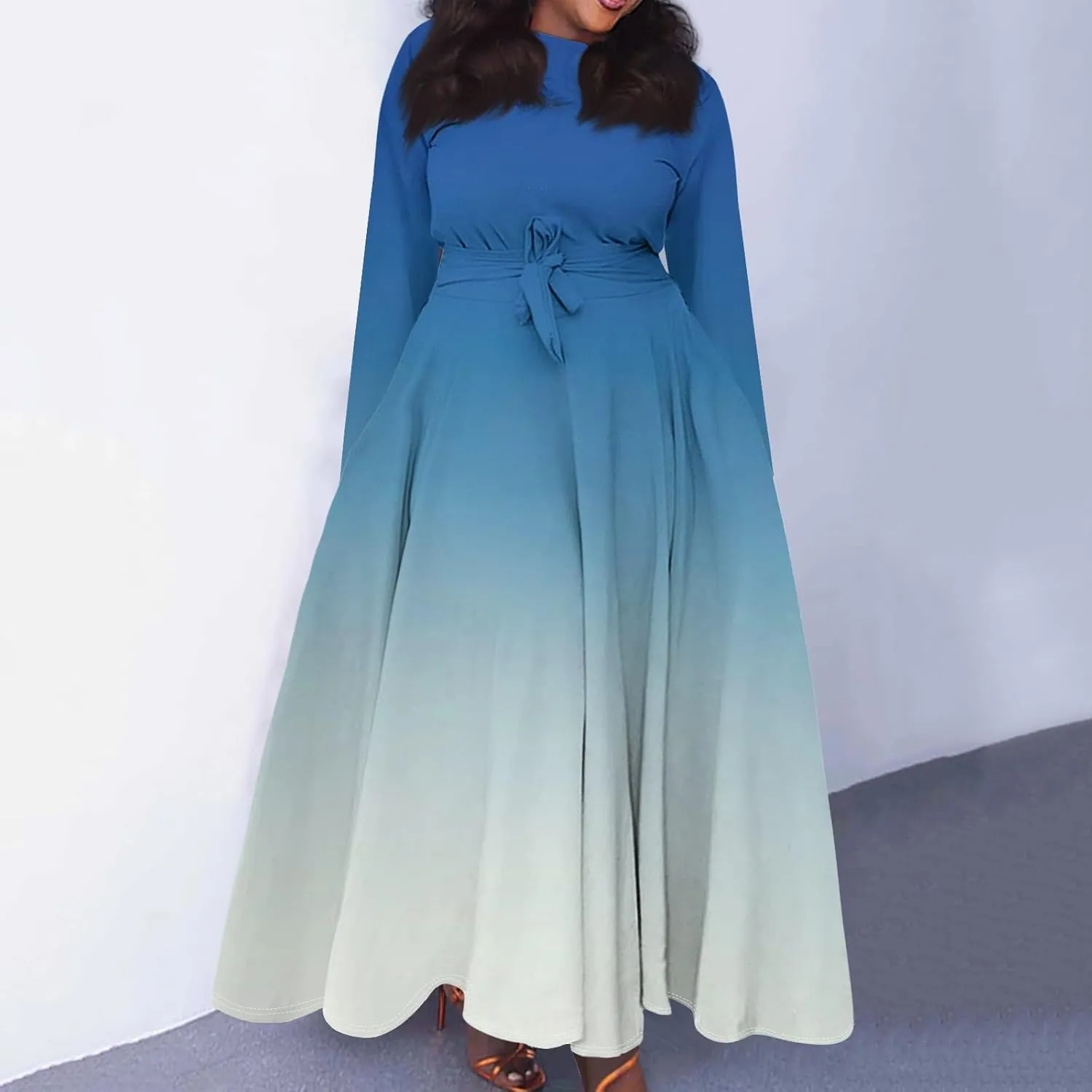 Plus Size Maxi Dresses for Curvy Women Crew Neck Long Sleeve Lace On High Wasit Maxi Dress with Pockets, XL-5XL