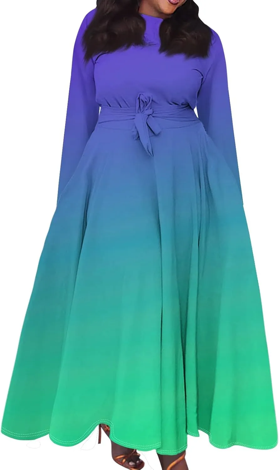 Plus Size Maxi Dresses for Curvy Women Crew Neck Long Sleeve Lace On High Wasit Maxi Dress with Pockets, XL-5XL