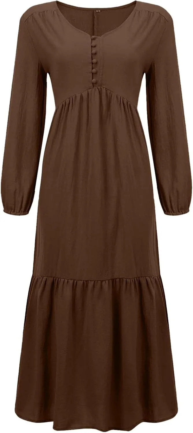 Plus Size Womens Dresses Long Sleeve V Neck 1/4 Button Tiered Ruffle Maxi Dress Trendy Spring Casual Linen Sundress