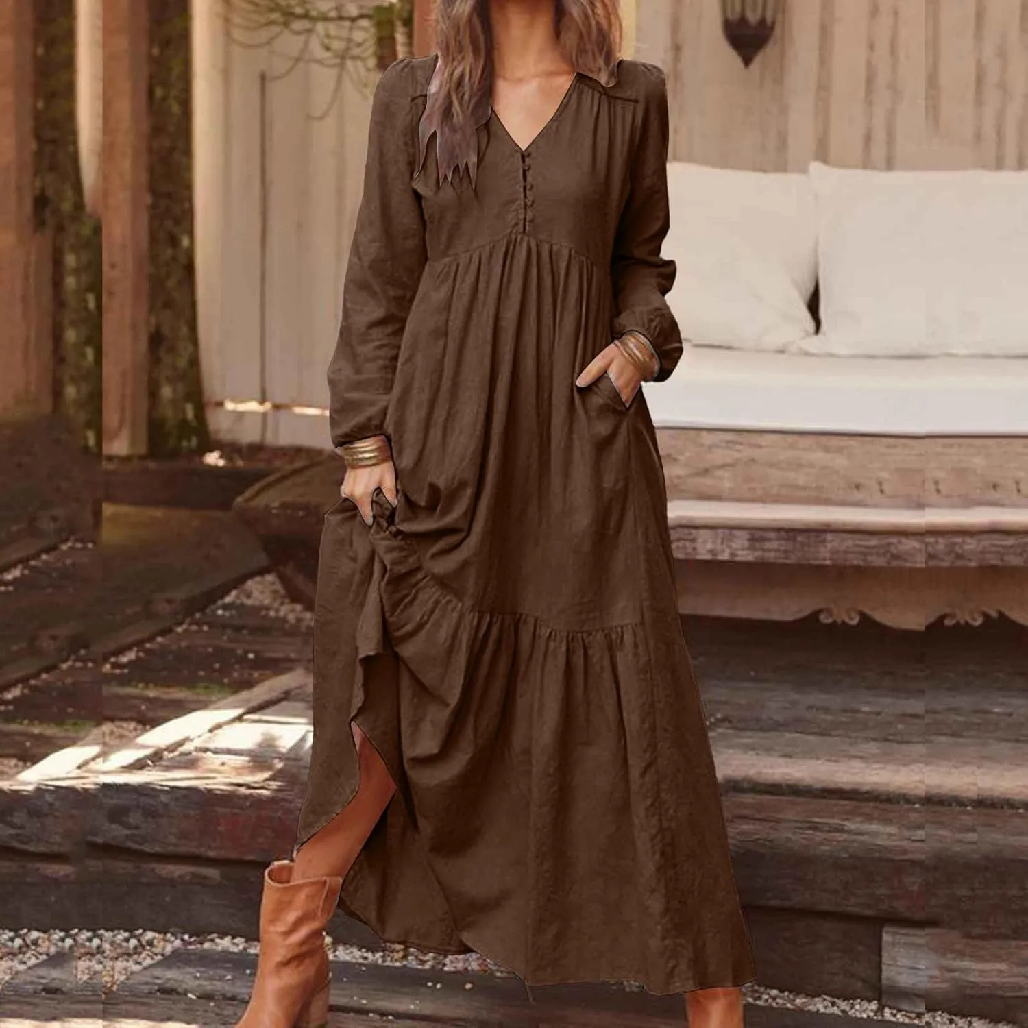 Plus Size Womens Dresses Long Sleeve V Neck 1/4 Button Tiered Ruffle Maxi Dress Trendy Spring Casual Linen Sundress