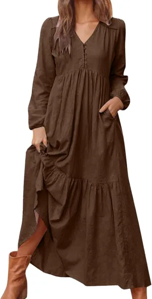 Plus Size Womens Dresses Long Sleeve V Neck 1/4 Button Tiered Ruffle Maxi Dress Trendy Spring Casual Linen Sundress