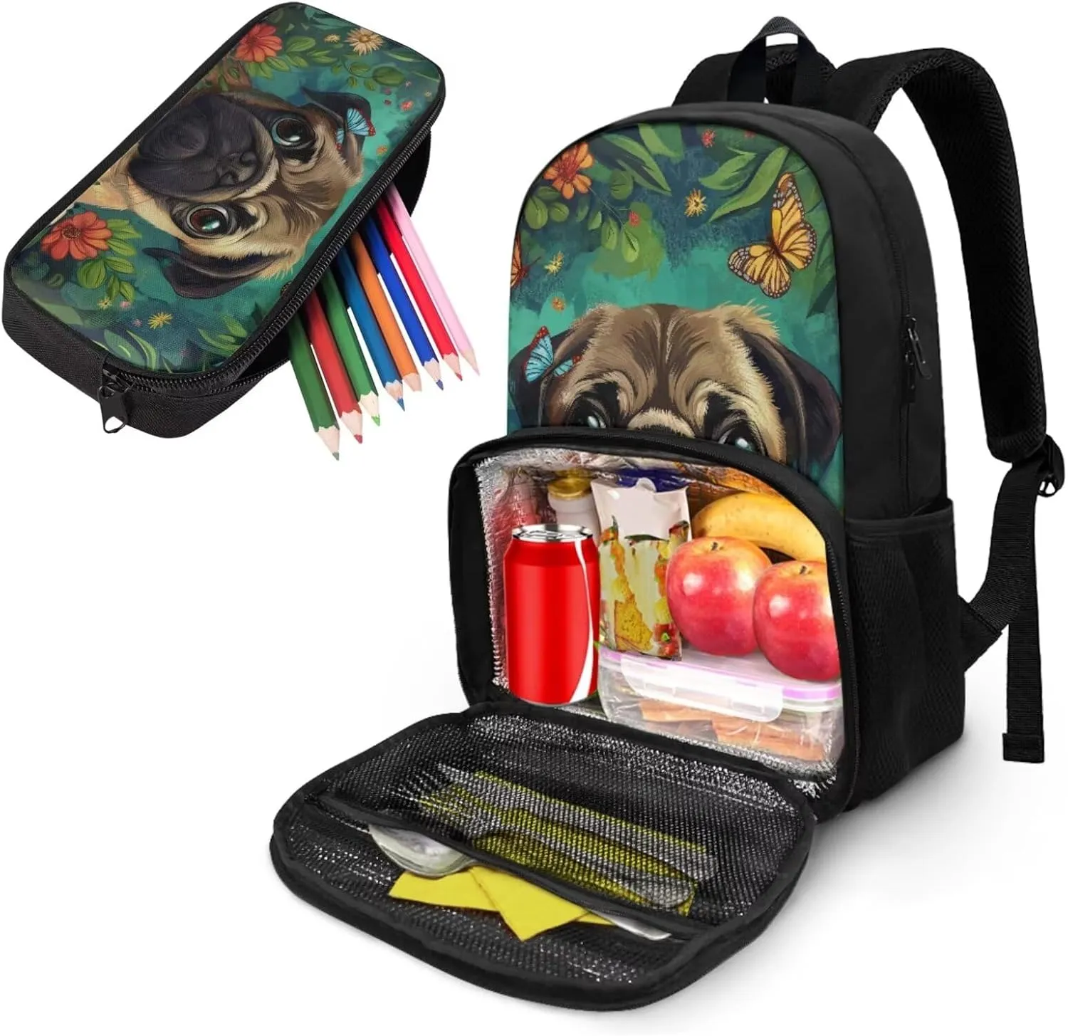 Pug Dog Backpack for School Boys Kids Backpack for School Book Bag Lunch Backpacks Set with with Cooler Compartment and Pencil Box Kids Backpack Set Bookbag