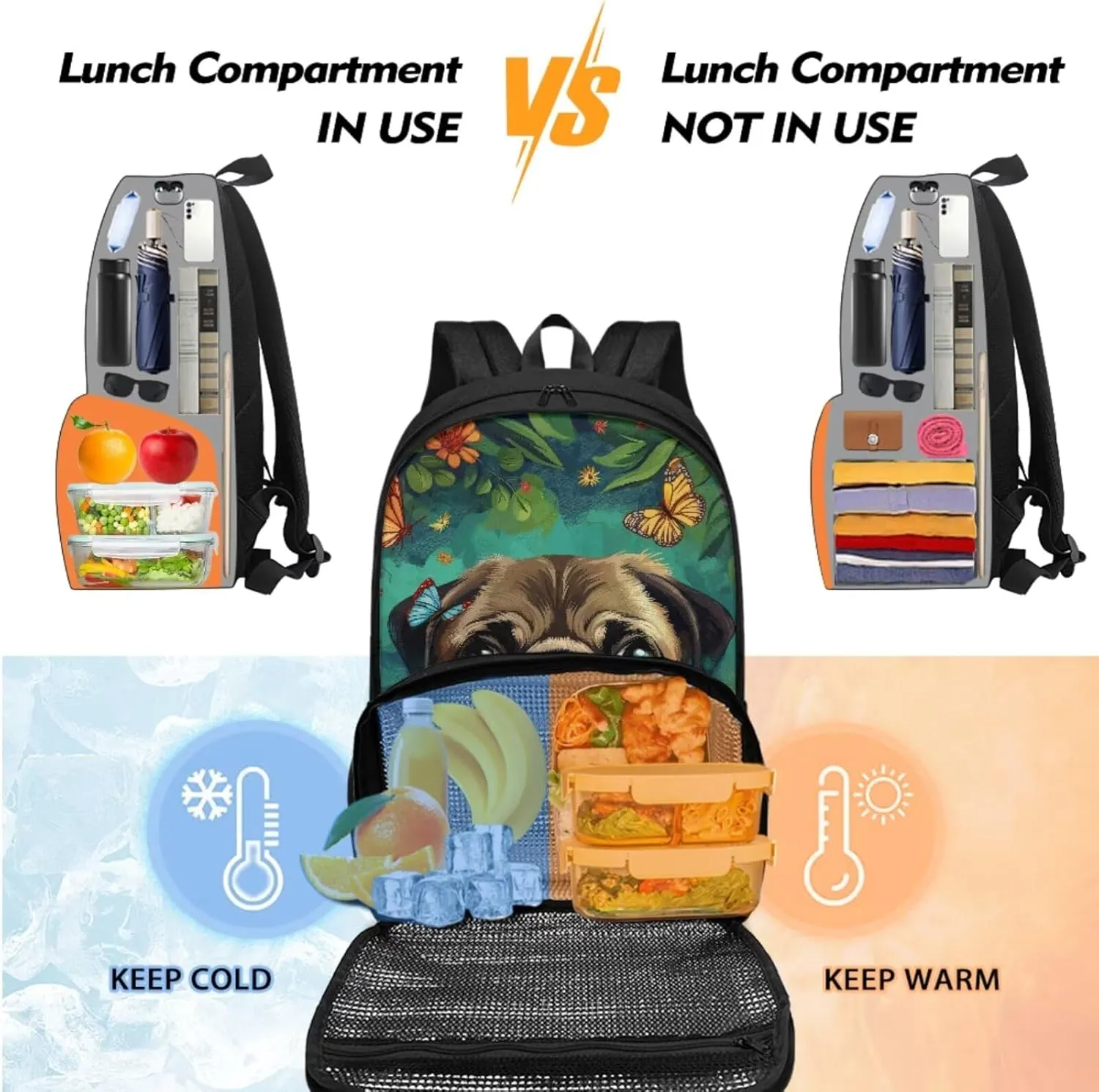 Pug Dog Backpack for School Boys Kids Backpack for School Book Bag Lunch Backpacks Set with with Cooler Compartment and Pencil Box Kids Backpack Set Bookbag