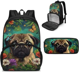 Pug Dog Backpack for School Boys Kids Backpack for School Book Bag Lunch Backpacks Set with with Cooler Compartment and Pencil Box Kids Backpack Set Bookbag