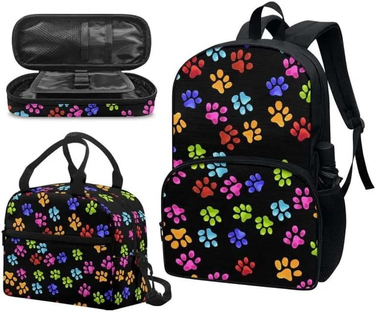 Puppy Footprint Backpack 3 Piece Schoolbag/Colorful Dog Paw Cat Paw Crossbody Lunch Bag/Pencil Bag Set Fit for Kids Boys Girls Travel Laptop Backpack