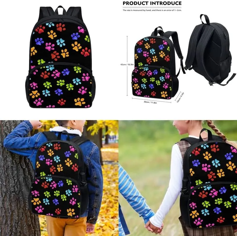 Puppy Footprint Backpack 3 Piece Schoolbag/Colorful Dog Paw Cat Paw Crossbody Lunch Bag/Pencil Bag Set Fit for Kids Boys Girls Travel Laptop Backpack