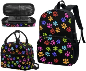 Puppy Footprint Backpack 3 Piece Schoolbag/Colorful Dog Paw Cat Paw Crossbody Lunch Bag/Pencil Bag Set Fit for Kids Boys Girls Travel Laptop Backpack