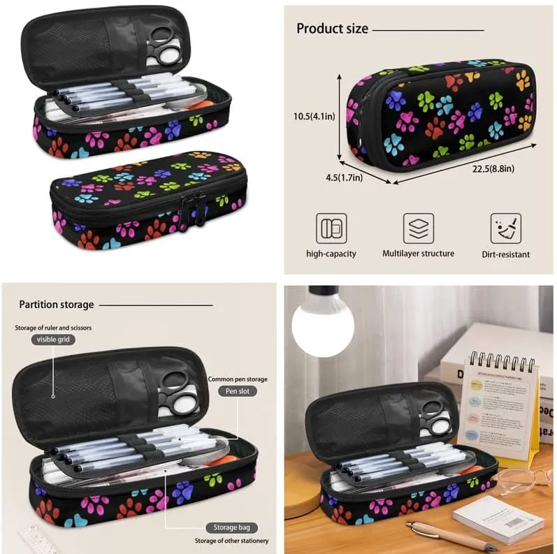 Puppy Footprint Backpack 3 Piece Schoolbag/Colorful Dog Paw Cat Paw Crossbody Lunch Bag/Pencil Bag Set Fit for Kids Boys Girls Travel Laptop Backpack