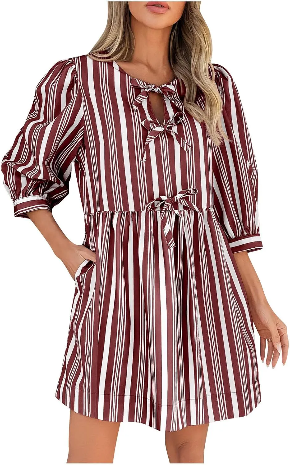 QIGUAND Cute Bow Tie Striped Mini Dress for Women Summer 3/4 Sleeve Casual Babydoll Dresses Elegant Keyhole Neck A-Line Dress