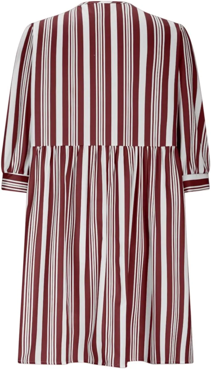 QIGUAND Cute Bow Tie Striped Mini Dress for Women Summer 3/4 Sleeve Casual Babydoll Dresses Elegant Keyhole Neck A-Line Dress