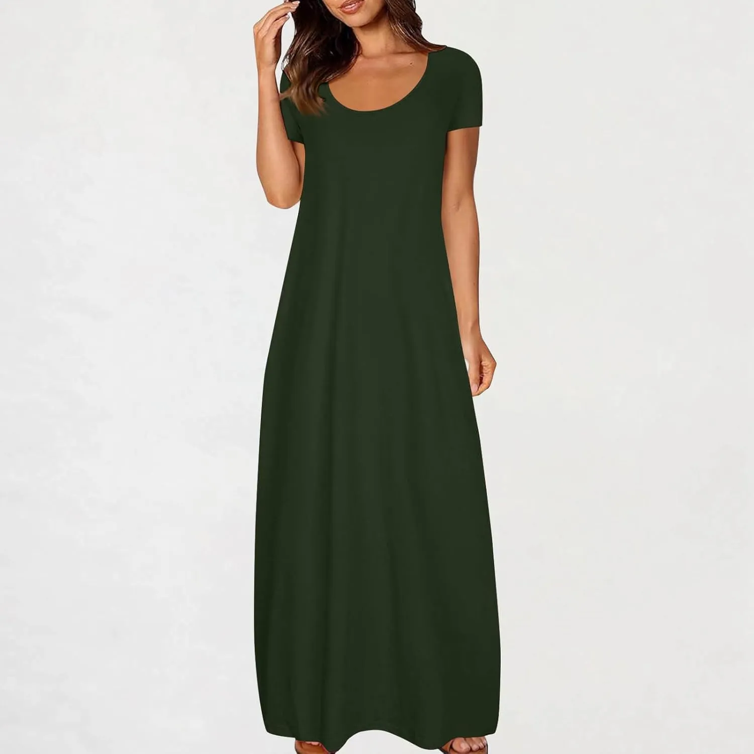 QIGUAND Women Basic Scoop Neck Maxi Dress Summer Soft Comfy Short Sleeve T-Shirt Dresses Plus Size Casual Baggy Kaftan Dress