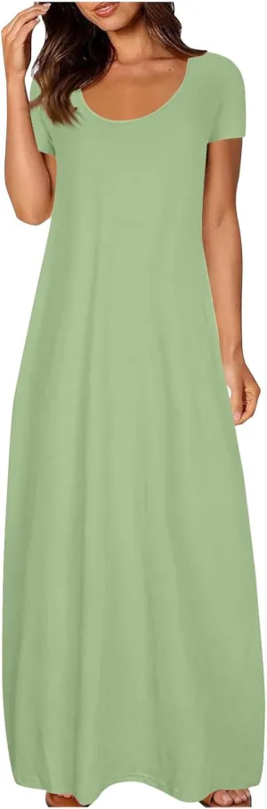QIGUAND Women Basic Scoop Neck Maxi Dress Summer Soft Comfy Short Sleeve T-Shirt Dresses Plus Size Casual Baggy Kaftan Dress