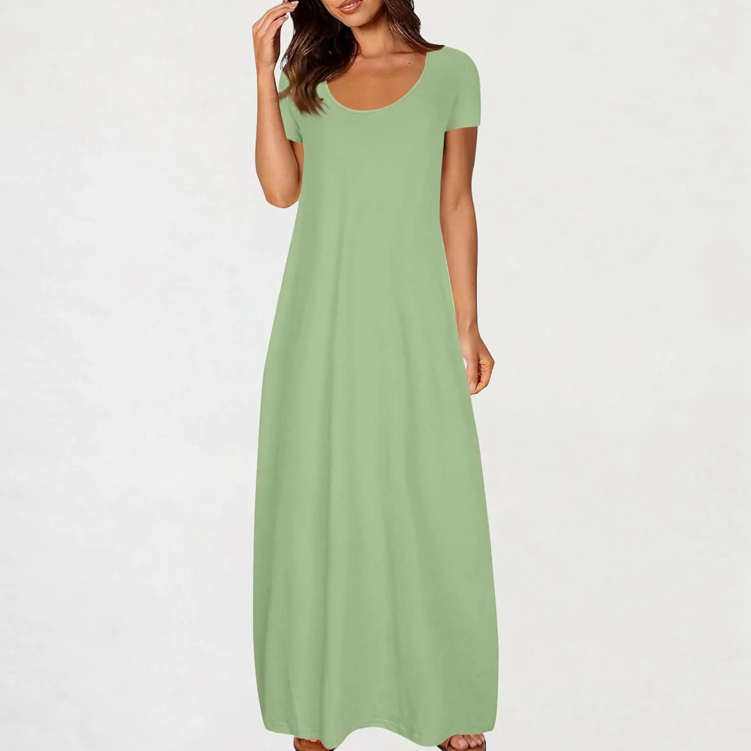 QIGUAND Women Basic Scoop Neck Maxi Dress Summer Soft Comfy Short Sleeve T-Shirt Dresses Plus Size Casual Baggy Kaftan Dress