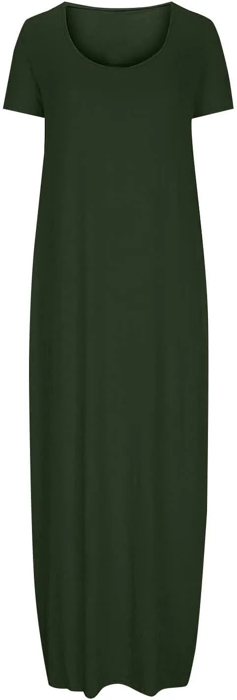QIGUAND Women Basic Scoop Neck Maxi Dress Summer Soft Comfy Short Sleeve T-Shirt Dresses Plus Size Casual Baggy Kaftan Dress