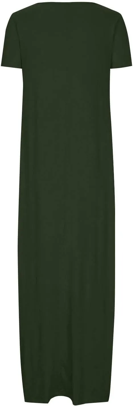 QIGUAND Women Basic Scoop Neck Maxi Dress Summer Soft Comfy Short Sleeve T-Shirt Dresses Plus Size Casual Baggy Kaftan Dress
