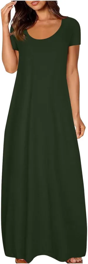 QIGUAND Women Basic Scoop Neck Maxi Dress Summer Soft Comfy Short Sleeve T-Shirt Dresses Plus Size Casual Baggy Kaftan Dress