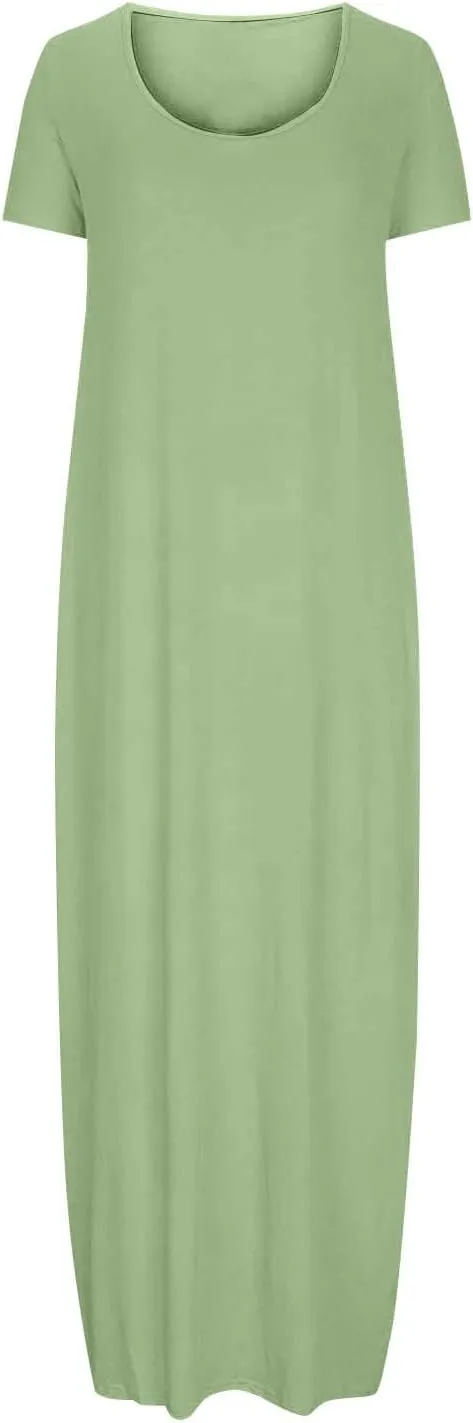 QIGUAND Women Basic Scoop Neck Maxi Dress Summer Soft Comfy Short Sleeve T-Shirt Dresses Plus Size Casual Baggy Kaftan Dress