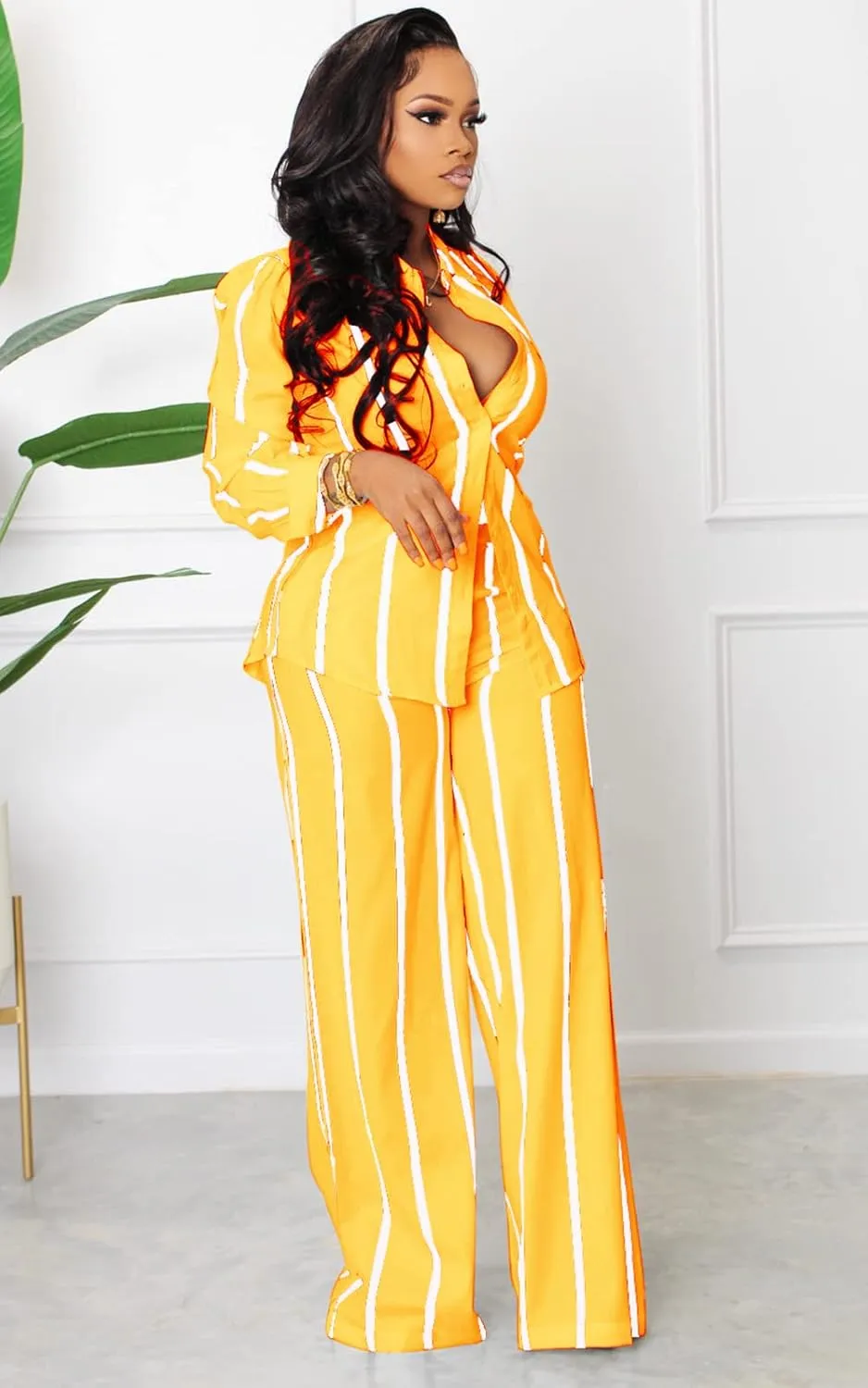 Remelon Women's Casual Two Piece Outfits Striped Long Sleeve Collar Button Down Shirt Blouse High Waist Wide Leg Pants Sets