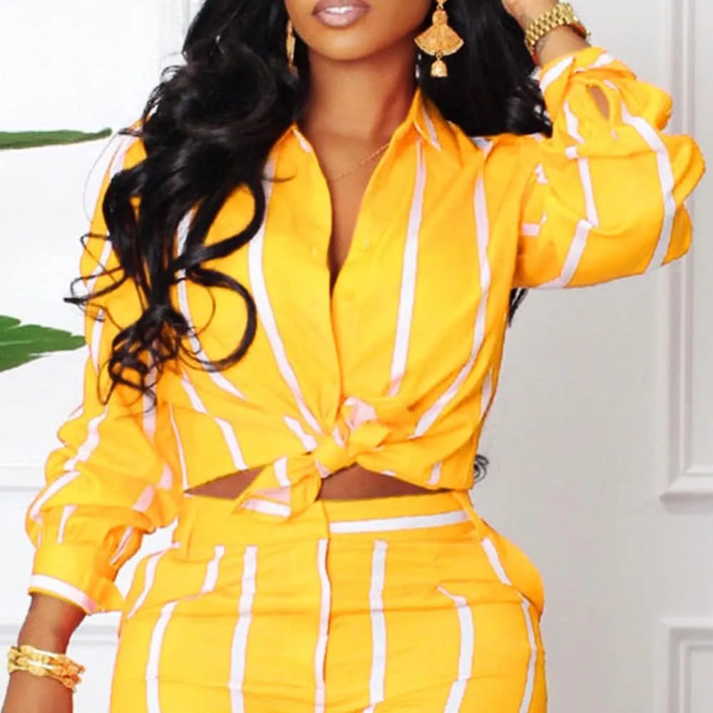 Remelon Women's Casual Two Piece Outfits Striped Long Sleeve Collar Button Down Shirt Blouse High Waist Wide Leg Pants Sets